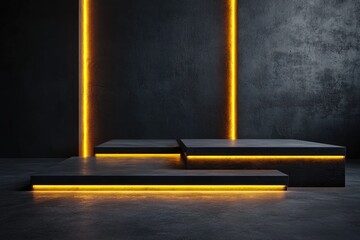 Dark concrete platform with glowing yellow lines