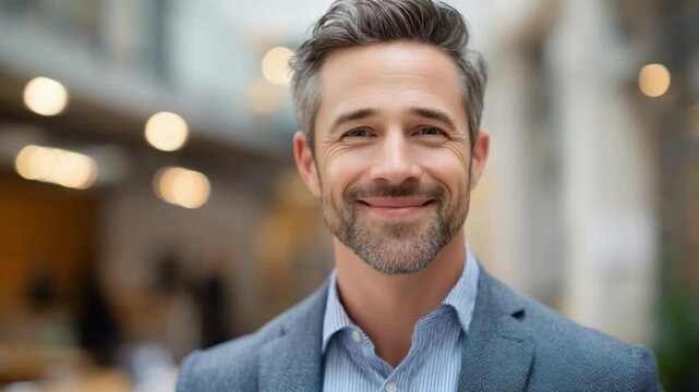 Smiling Businessman Portrait: A friendly, middle-aged man with short graying hair and a warm smile, dressed in a smart casual business suit, looks directly at the camera.
