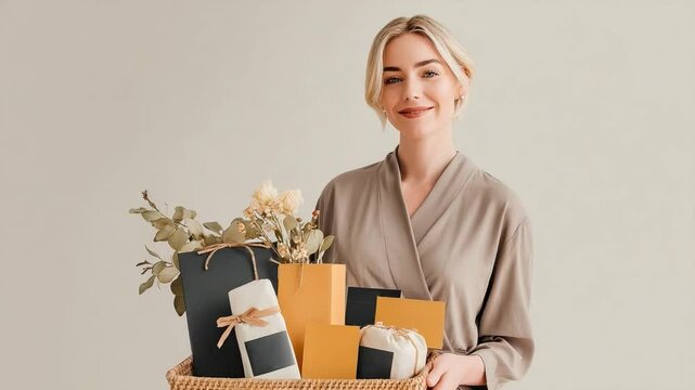 Gift Basket Delight: A woman, radiating contentment, presents a beautifully curated gift basket overflowing with a variety of presents and fresh flowers. This image evokes feelings of generosity.