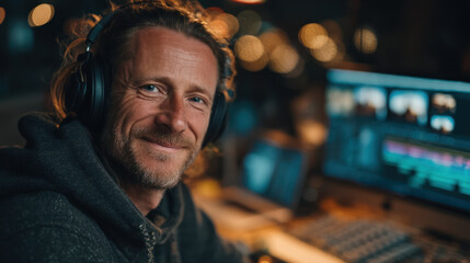 A man wearing headphones smiling while editing video on laptop in dimly lit room with warm bokeh lights creating cozy atmosphere