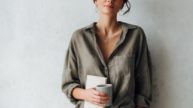 Serene Pause: A stylish individual exudes a sense of calm, thoughtfully holding a book and a warm beverage, reflecting a moment of peaceful contemplation.