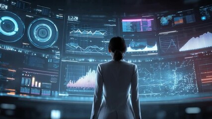 Data Analyst: A female data analyst, seen from the back, is immersed in complex data, surrounded by interactive panels with futuristic digital displays. - Powered by Adobe
