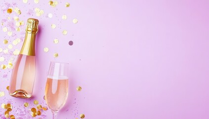 A bottle and glass of pink champagne with gold confetti on a pink background