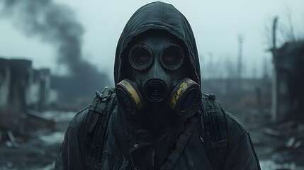 Man in Gas Mask Amidst Ruins