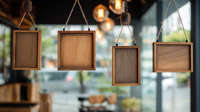 Empty wooden picture frames hanging from the ceiling