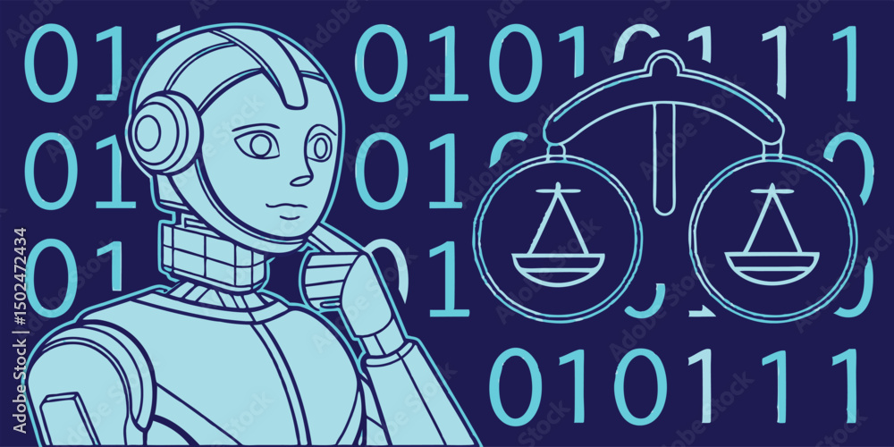Poster ai robot justice concept with binary code and balance scales in teal blue style