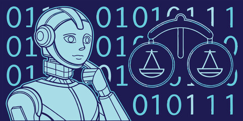 Ai robot justice concept with binary code and balance scales in teal blue style