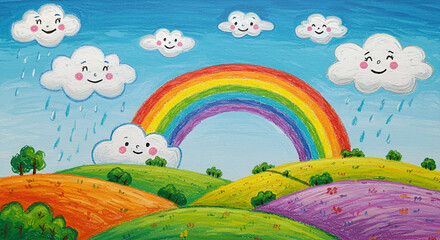 Colorful landscape with rainbow and clouds