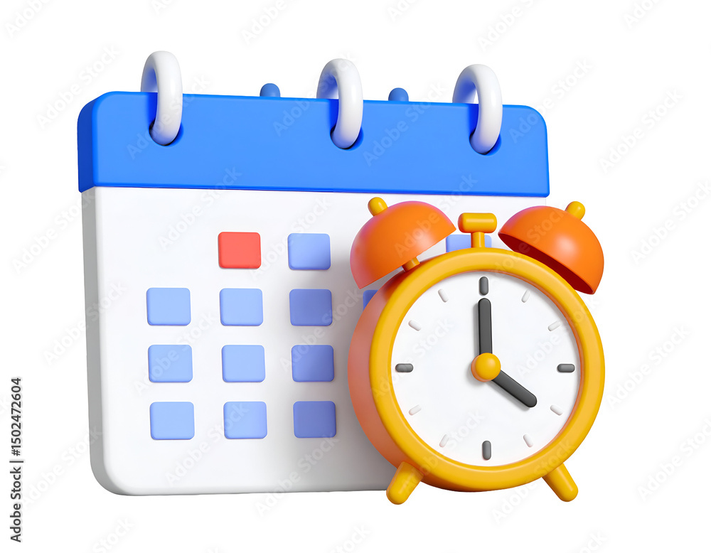 Poster 3d render of a calendar and alarm clock, symbolizing scheduling and time management