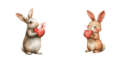 cute bunny holding heart shaped gift watercolor vector illustration