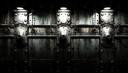 A metallic wall with three circular protrusions, each illuminated by an overhead light