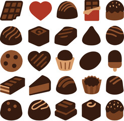 A sweet set of 30 colorful silhouette chocolate icons in modern flat style. Perfect for dessert menus, social media stickers, packaging, and food-related creative designs.
