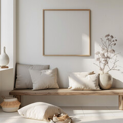 Mockup frame poster in interior living room background, room in light pastel colors