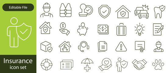 Insurance thin line icons set. Insurance editable stroke symbols collection. Life, car, house, care, money, pet insurance editable stroke icon. Vector illustration