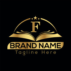 Elegant vintage gold crown emblem with ribbon and shield design for business quality label or VIP badge education F logo design