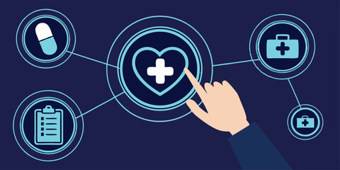 Digital health interface illustrating healthcare concepts with medical icons and interactive design