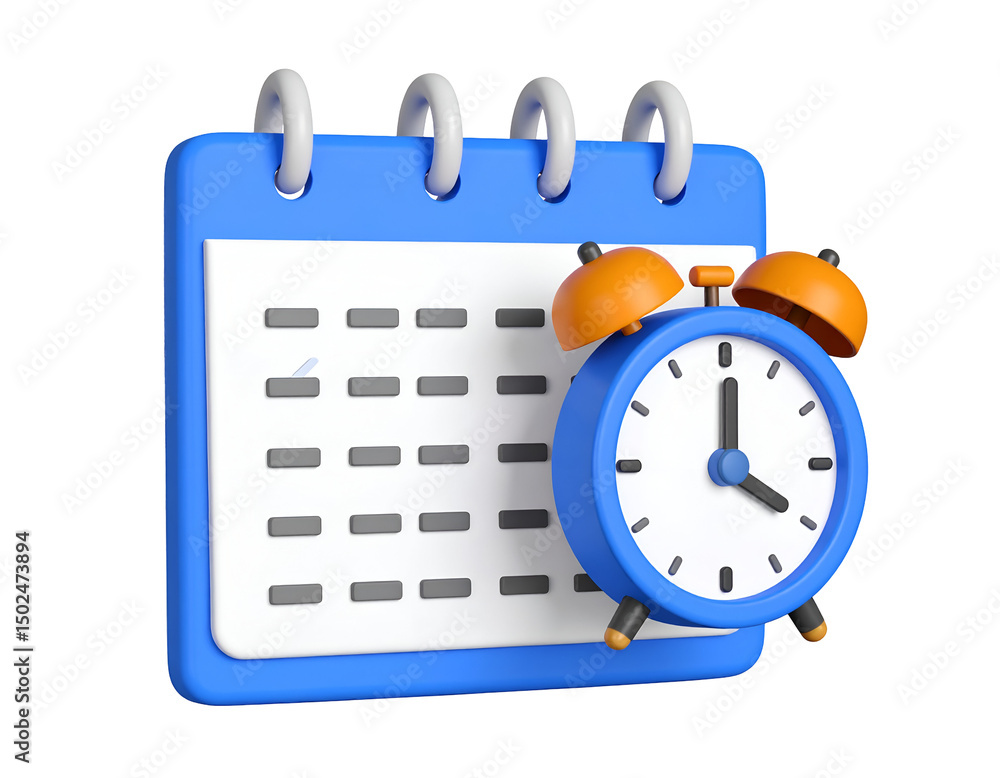 Poster 3d rendered calendar and alarm clock, symbolizing time management and scheduling