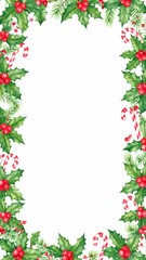 Festive frame made of Christmas holly, berries, candy canes and evergreen branches. Christmas greeting card template.