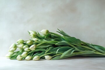 A bouquet of white tulips on a light surface