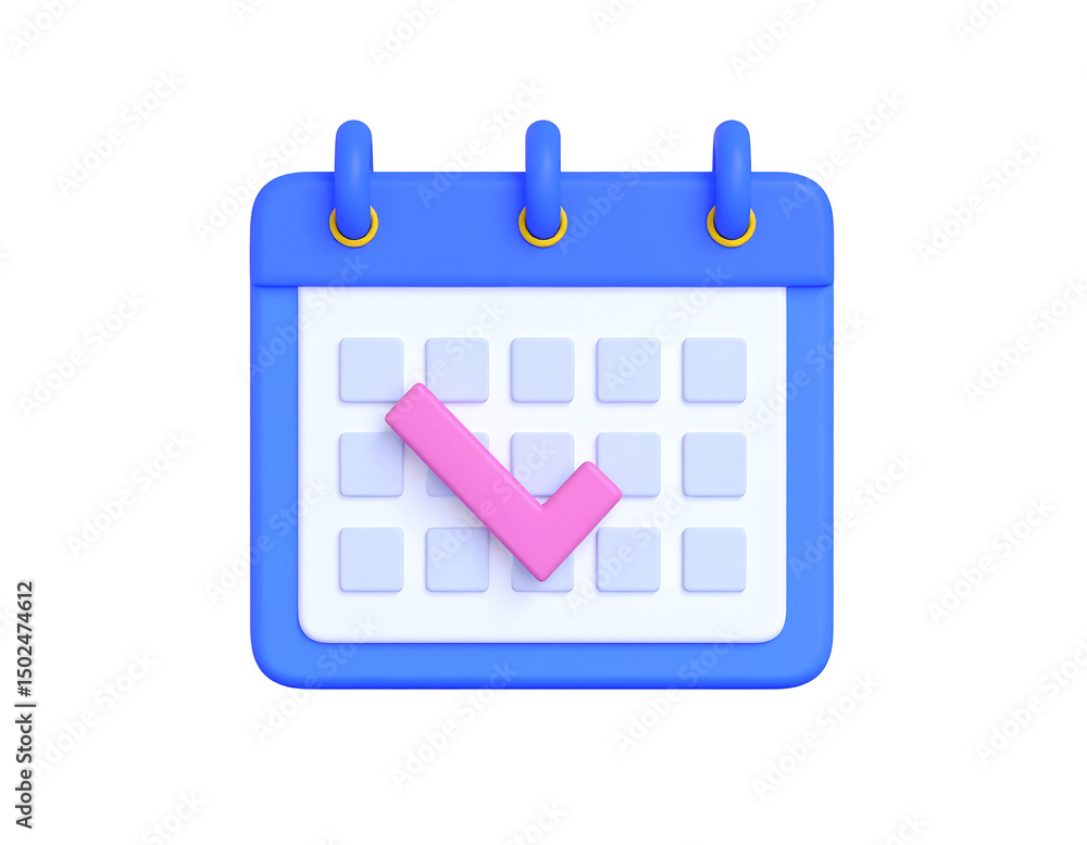 Poster 3d rendered calendar icon with a checkmark, signifying completed tasks or appointments