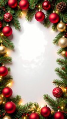 Festive Christmas ornament frame featuring red and gold baubles, pine needles, and warm lights, perfect for seasonal greetings. Christmas greeting card template.