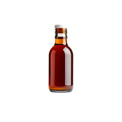 Amber glass bottle with dark brown liquid beverage on transparent background