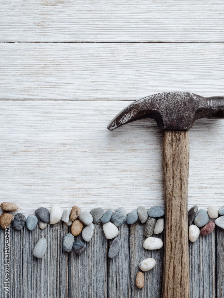 Poster crafting with hammer and nails on wooden texture, showcasing a creative workspace and tools for diy 