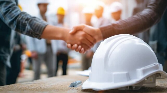 Construction Agreement: Close-up of a construction handshake signifying a successful agreement, with a pristine white hardhat resting in the foreground symbolizing safety and professional standards.
