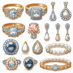 Various jewelry in vector: diamond rings, earrings, pearl necklaces, and gold bracelets.