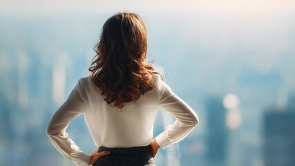 Visionary Outlook: A businesswoman stands confidently, hands on hips, gazing out at a sprawling cityscape from a high-rise window, symbolizing ambition, success, and the pursuit of dreams.