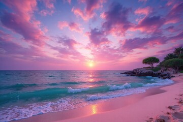 pink beach with waves crashing on the sand