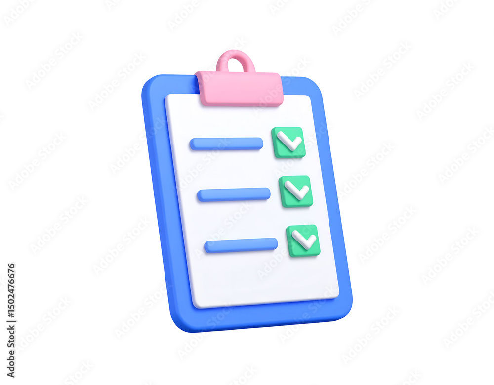 Poster 3d rendered checklist clipboard with completed tasks