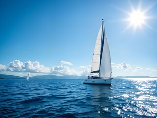 Naklejka premium A sailboat with a white sail is in the middle of the ocean.