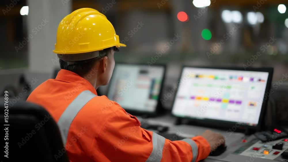 Poster worker in orange safety jacket and hard hat focuses on machinery control room with screens displayin