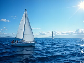 A sailboat with a white sail is in the middle of the ocean.