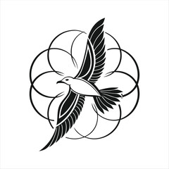 Elegant Black Bird with Intricate Swirling Floral Patterns.