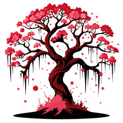 eerie cherry blossom tree dripping blood instead of petals, dark and haunting tone, traditional Japanese horror vector on white
