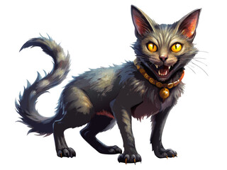 Obraz premium creepy bakeneko cat with split tail and glowing yellow eyes, wearing small bell collar, horror vector isolated on white 
