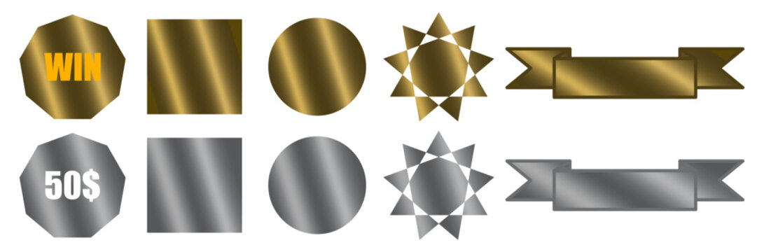 Gold Silver scratchcard surfaces with new and scraped textures with Win, Prize and money winning text. Set of winner lotto, sale coupons, jackpot scratch card templates. Vector realistic illustration.