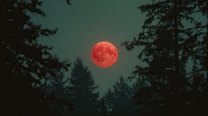 Real photo, Ominous and foreboding dark night sky, A large bright red moon looms in the sky. It's 1980 at Loverâ€™s Peak drenched in red moonlight, surrounded by the woods, Creepy.