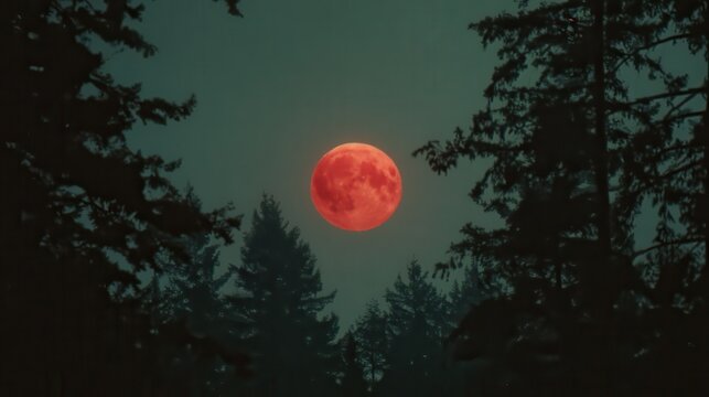 Real photo, Ominous and foreboding dark night sky, A large bright red moon looms in the sky. It's 1980 at Lover&acirc;&euro;&trade;s Peak drenched in red moonlight, surrounded by the woods, Creepy.