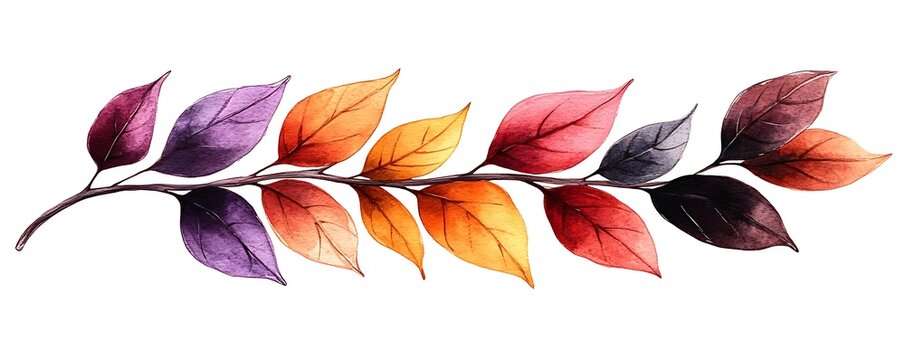Autumn branch, colorful leaves, white background, fall design