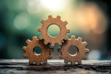 Close-up of three wooden gears meshing together to represent teamwork, collaboration, and mechanical synergy