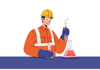 A construction worker in a safety vest experiments with a red liquid in a flask. Solution testing concept. Bright, modern illustration.