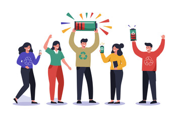 Diverse group celebrates recycling success! Energetic figures showcase reusable items, highlighting a positive and sustainable lifestyle. Bright, modern illustration.