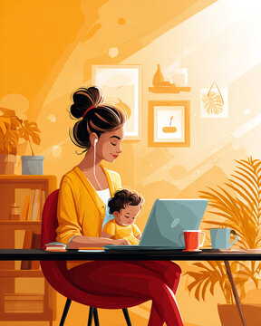 remote working parents, child in background, multitasking concept, calm household setting, vector minimal style