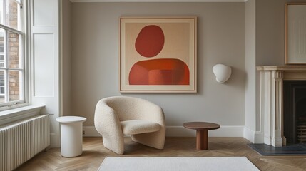 Modern living room with cream armchair, abstract artwork, and wooden side tables