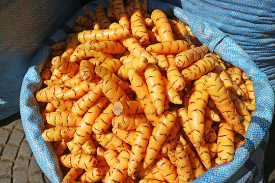 Pile of Oca Oxalis tuberosa, Vibrant Color Andean Tubers For Sale on the Local Market in La Paz, Bolivia, South America