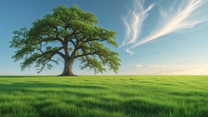 Obraz premium A solitary tree stands majestically in a field of green grass under a blue sky with wispy clouds