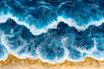 Naklejka premium top-down view of the ocean, deep blue waves, crashing golden sand